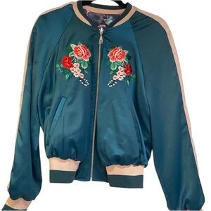 Satin Floral Embroidered Bomber Jacket-Reversible